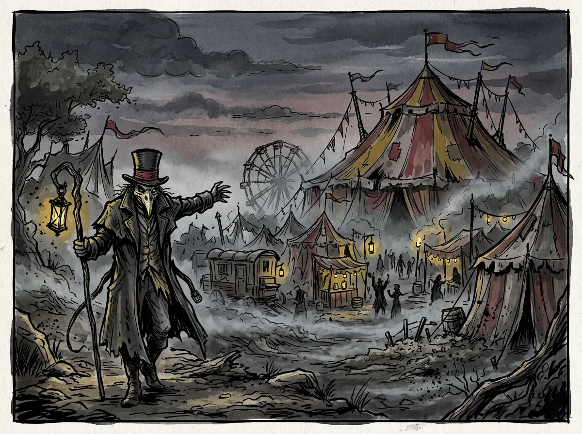Feria ambulante siniestra al atardecer con un maestro de ceremonias enmascarado.