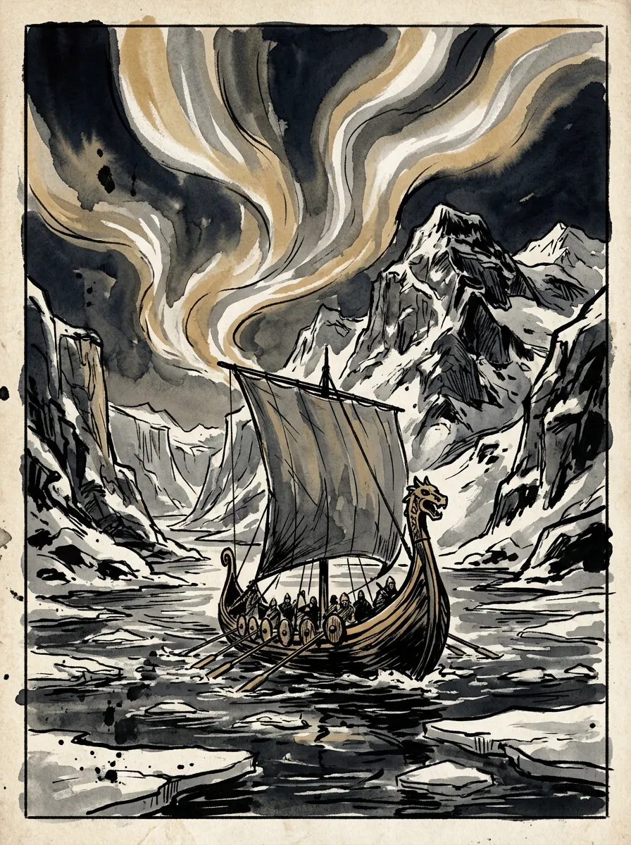 Barco vikingo navegando por un fiordo helado bajo la aurora boreal.